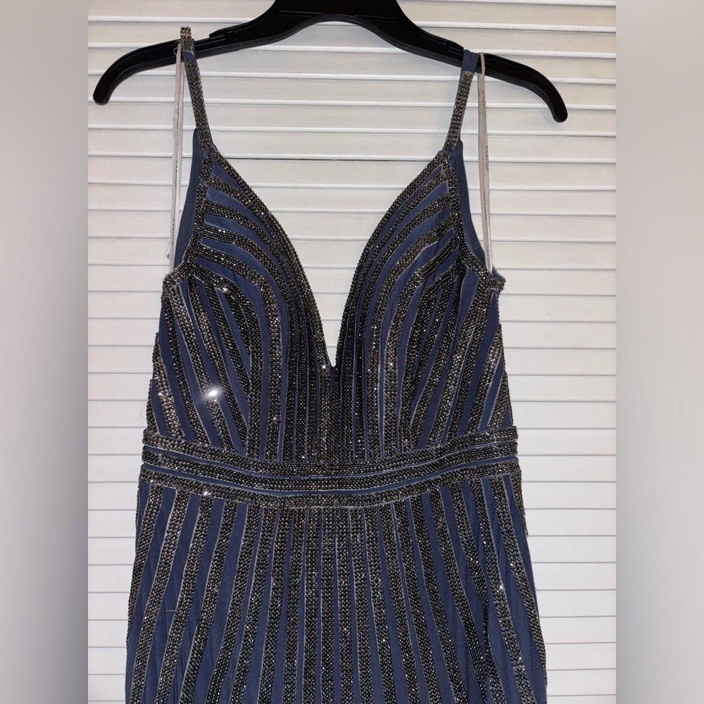 Jovani Navy and Black Striped Gown